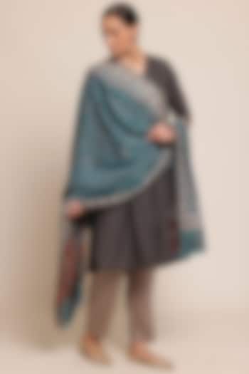 Teal Blue Fine Count Wool Floral Shawl by Shaza at Pernia's Pop Up Shop