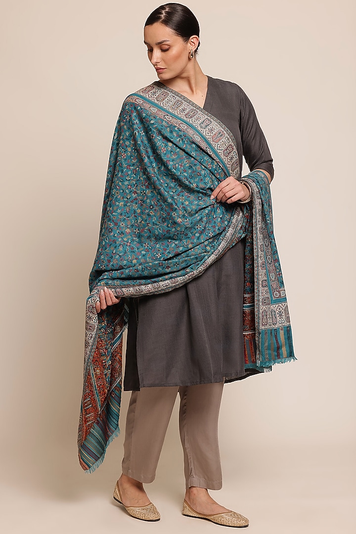 Teal Blue Fine Count Wool Floral Shawl by Shaza at Pernia's Pop Up Shop