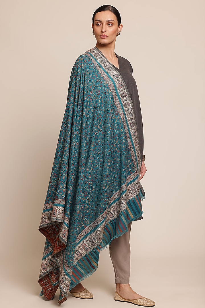 Teal Blue Fine Count Wool Floral Shawl by Shaza at Pernia's Pop Up Shop