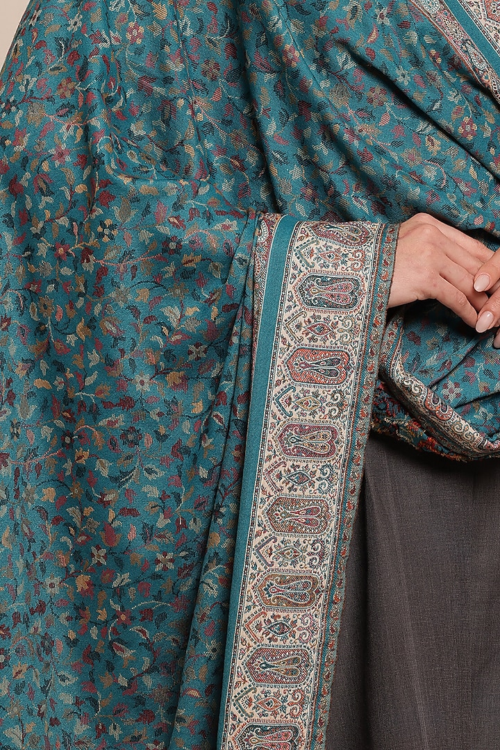 Teal Blue Fine Count Wool Floral Shawl by Shaza at Pernia's Pop Up Shop