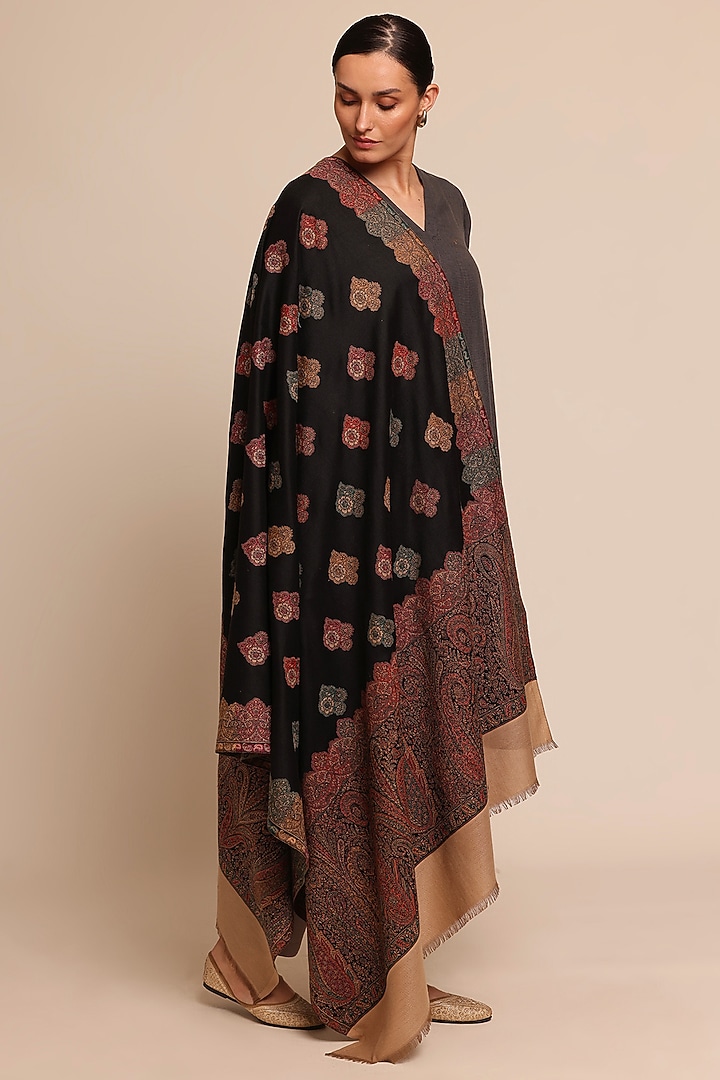 Black Wool Floral Motif Shawl by Shaza at Pernia's Pop Up Shop