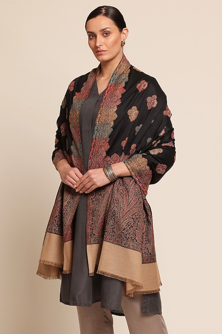 Black Wool Floral Motif Shawl by Shaza at Pernia's Pop Up Shop