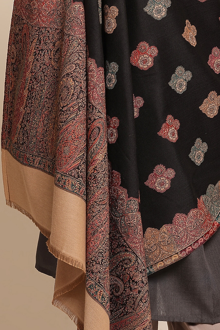Black Wool Floral Motif Shawl by Shaza at Pernia's Pop Up Shop