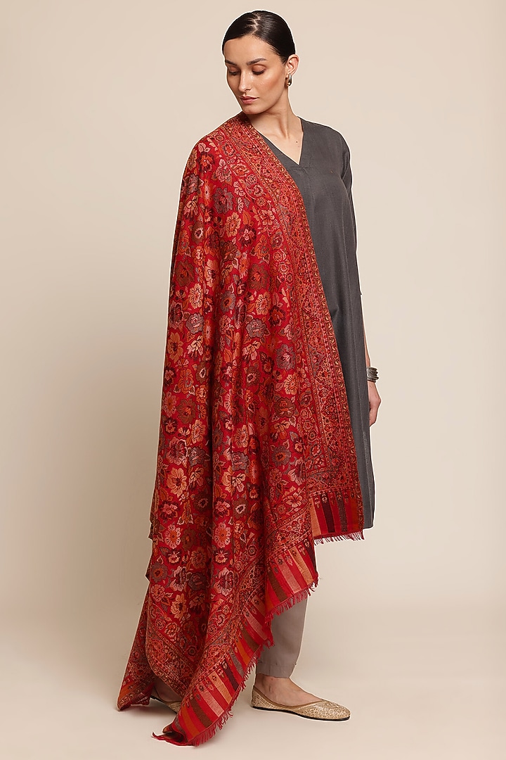 Red Wool Floral Shawl by Shaza at Pernia's Pop Up Shop
