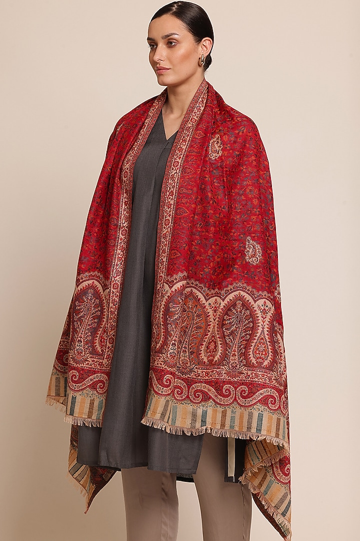 Red Wool Floral Motif Shawl by Shaza at Pernia's Pop Up Shop