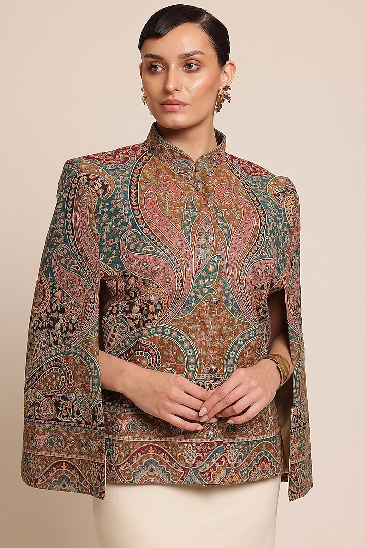 Multi-Colored Wool Floral Cape Jacket by Shaza at Pernia's Pop Up Shop