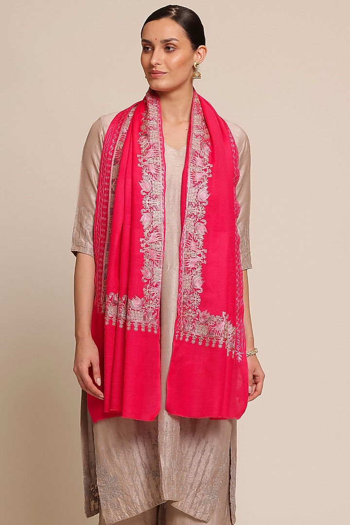 Fuchsia Pink Wool Floral Shawl by Shaza at Pernia's Pop Up Shop
