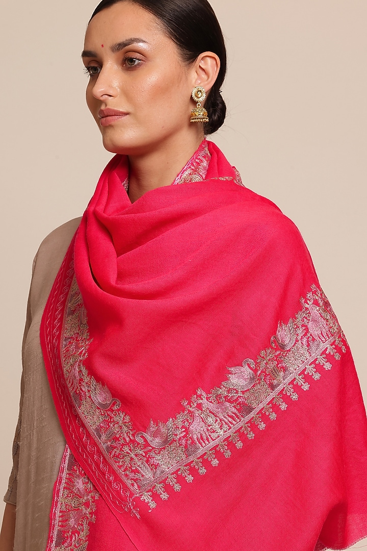 Fuchsia Pink Wool Floral Shawl by Shaza at Pernia's Pop Up Shop