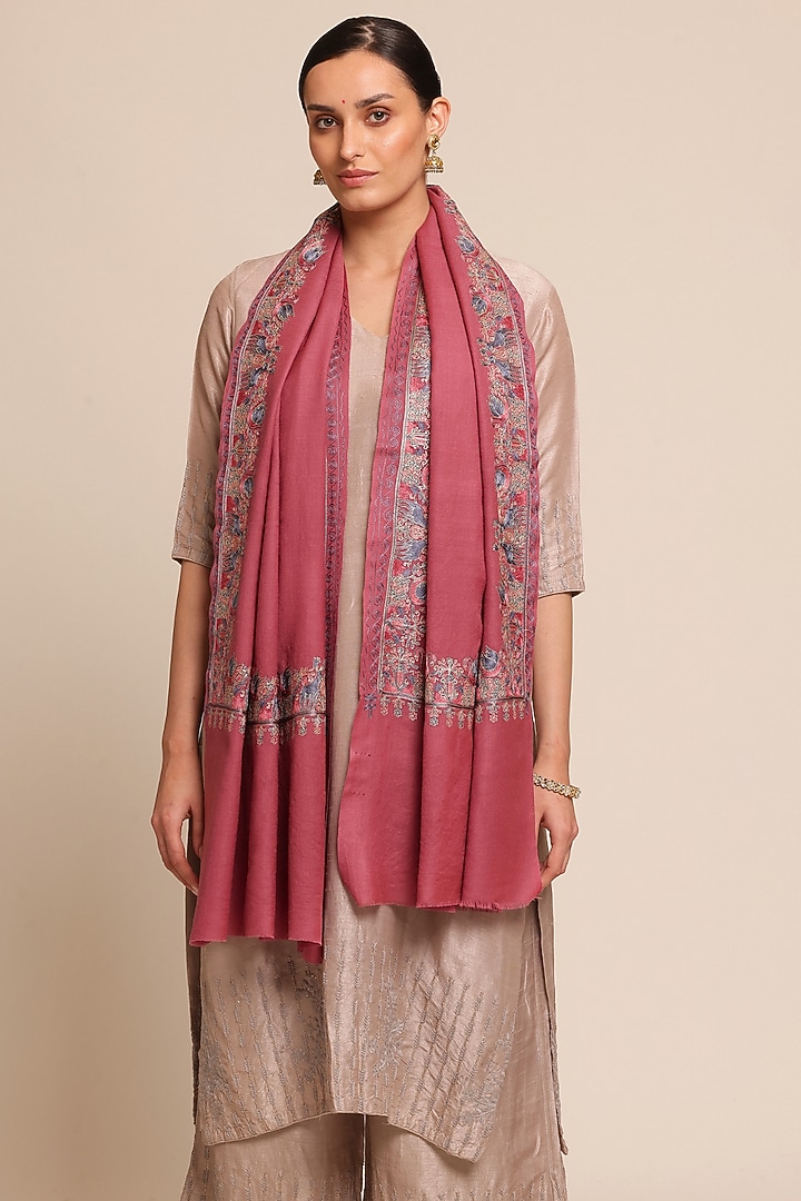 Dull Pink Wool Floral Shawl by Shaza at Pernia's Pop Up Shop