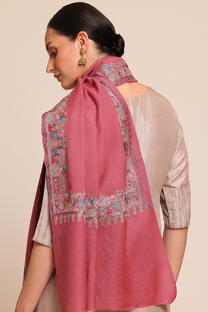 Dull Pink Wool Floral Shawl by Shaza at Pernia's Pop Up Shop
