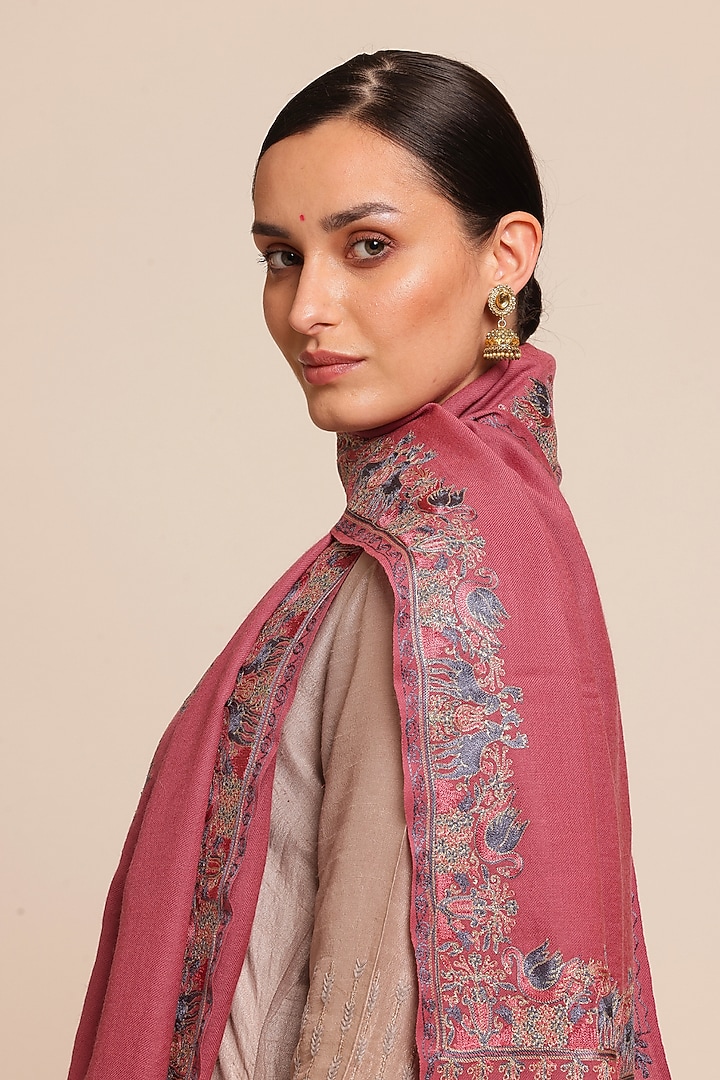 Dull Pink Wool Floral Shawl by Shaza at Pernia's Pop Up Shop