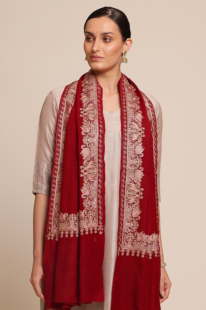 Red Wool Embroidered Shawl by Shaza at Pernia's Pop Up Shop
