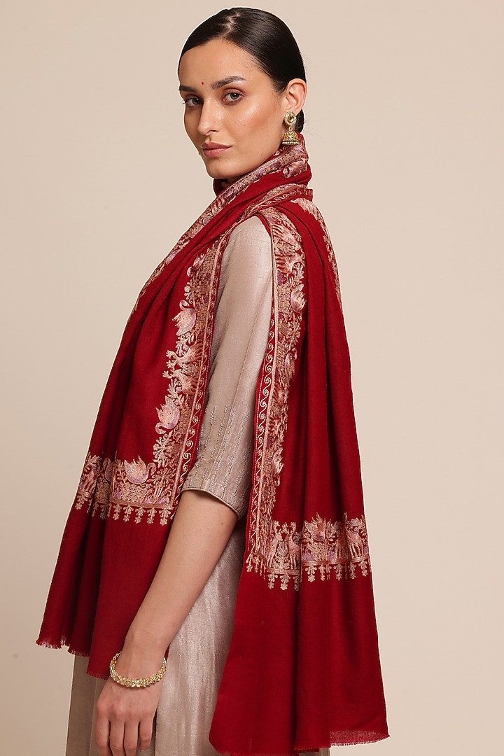 Red Wool Embroidered Shawl by Shaza at Pernia's Pop Up Shop