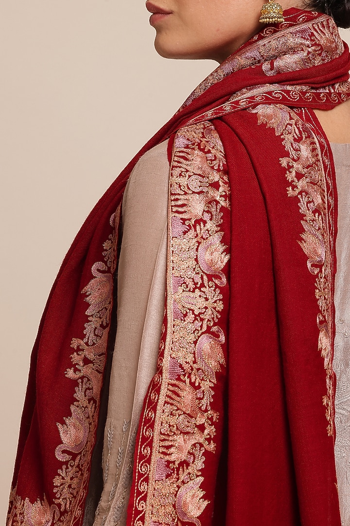 Red Wool Embroidered Shawl by Shaza at Pernia's Pop Up Shop