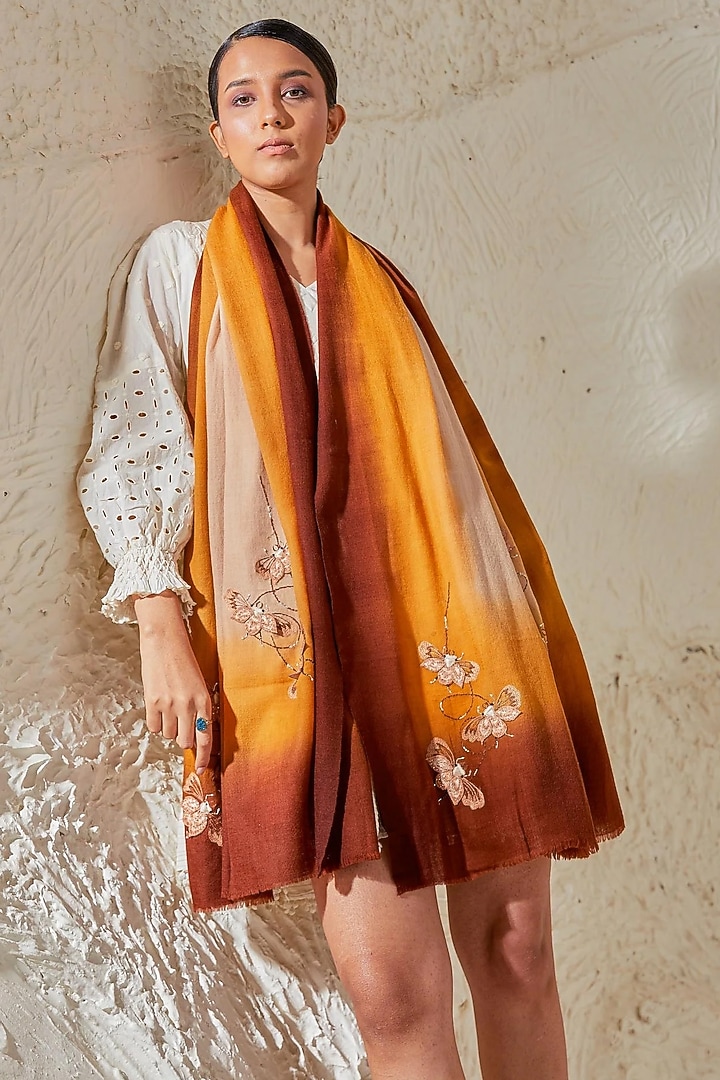 Brown Ombre Pashmina Embellished Hand Painted Stole by Shaza at Pernia's Pop Up Shop