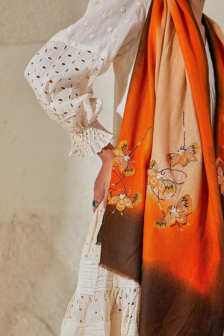 Brown Ombre Pashmina Embellished Hand Painted Stole by Shaza at Pernia's Pop Up Shop