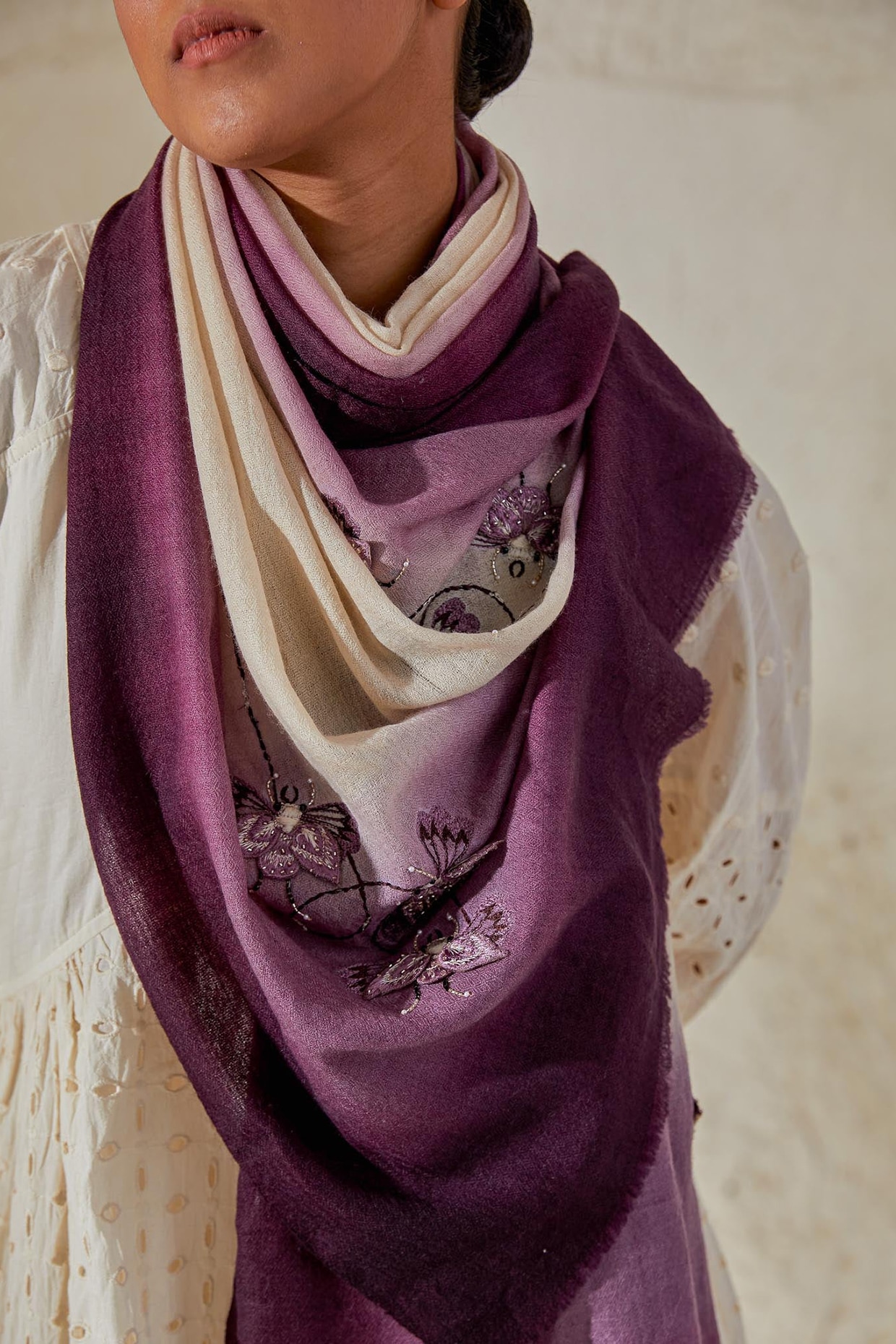 Purple Ombre Pashmina Embellished Hand Painted Stole Design by