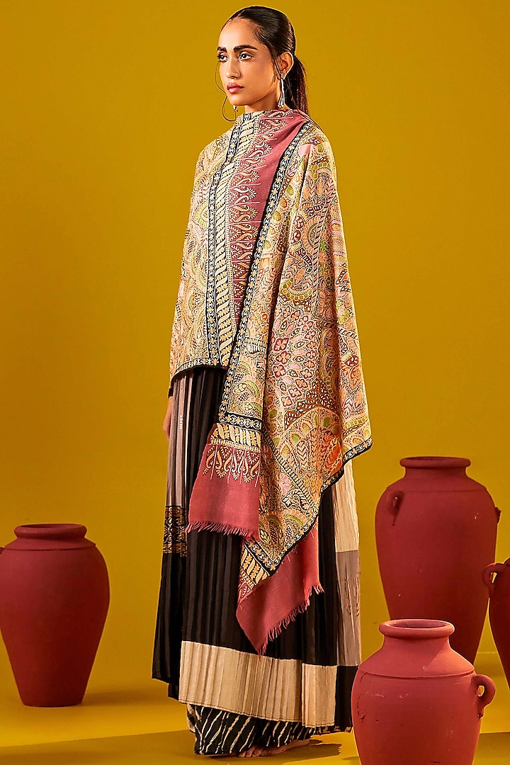 Multi-Colored Handloom Pashmina Kalamkari Hand Painted & Hand Embroidered Stole by Shaza at Pernia's Pop Up Shop