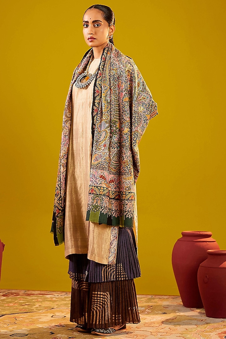 Multi-Colored Handloom Pashmina Kalamkari Hand Painted & Hand Embroidered Shawl by Shaza at Pernia's Pop Up Shop