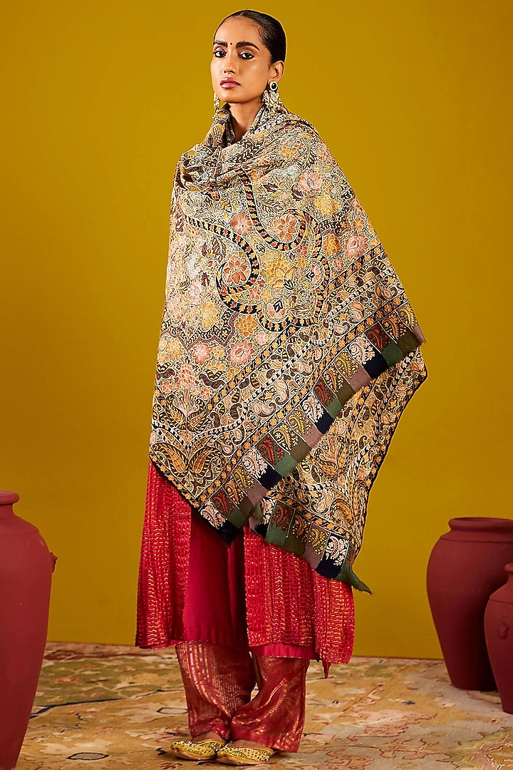 Multi-Colored Handloom Pashmina Kalamkari Hand Painted & Hand Embroidered Shawl by Shaza at Pernia's Pop Up Shop