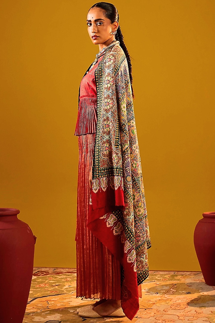 Multi-Colored Handloom Pashmina Kalamkari Hand Painted & Hand Embroidered Shawl by Shaza at Pernia's Pop Up Shop