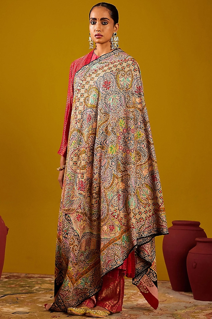 Multi-Colored Handloom Pashmina Kalamkari Hand Painted & Hand Embroidered Shawl by Shaza at Pernia's Pop Up Shop