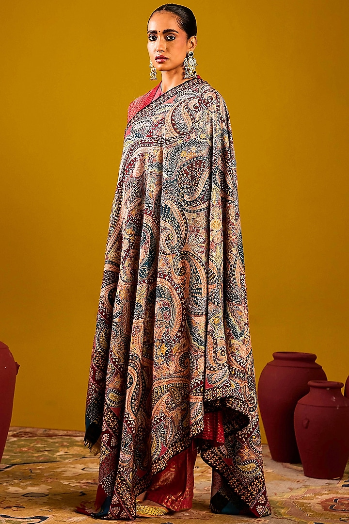 Multi-Colored Handloom Pashmina Kalamkari Hand Painted & Hand Embroidered Shawl by Shaza at Pernia's Pop Up Shop