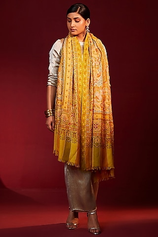 Multi-Colored Handloom Pashmina Kalamkari Hand Painted & Hand Embroidered Striped Shawl by Shaza