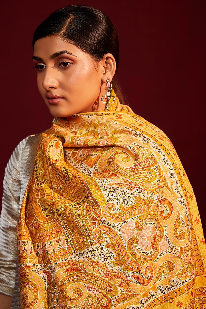 Multi-Colored Handloom Pashmina Kalamkari Hand Painted & Hand Embroidered Striped Shawl by Shaza at Pernia's Pop Up Shop