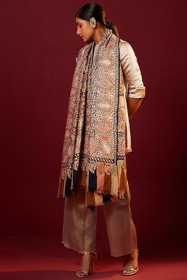 Multi-Colored Handloom Pashmina Kalamkari Hand Painted & Hand Embroidered Striped Shawl by Shaza at Pernia's Pop Up Shop