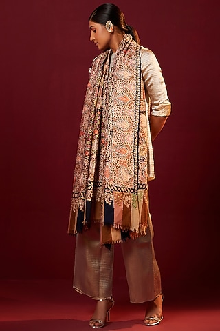 Multi-Colored Handloom Pashmina Kalamkari Hand Painted & Hand Embroidered Striped Shawl by Shaza