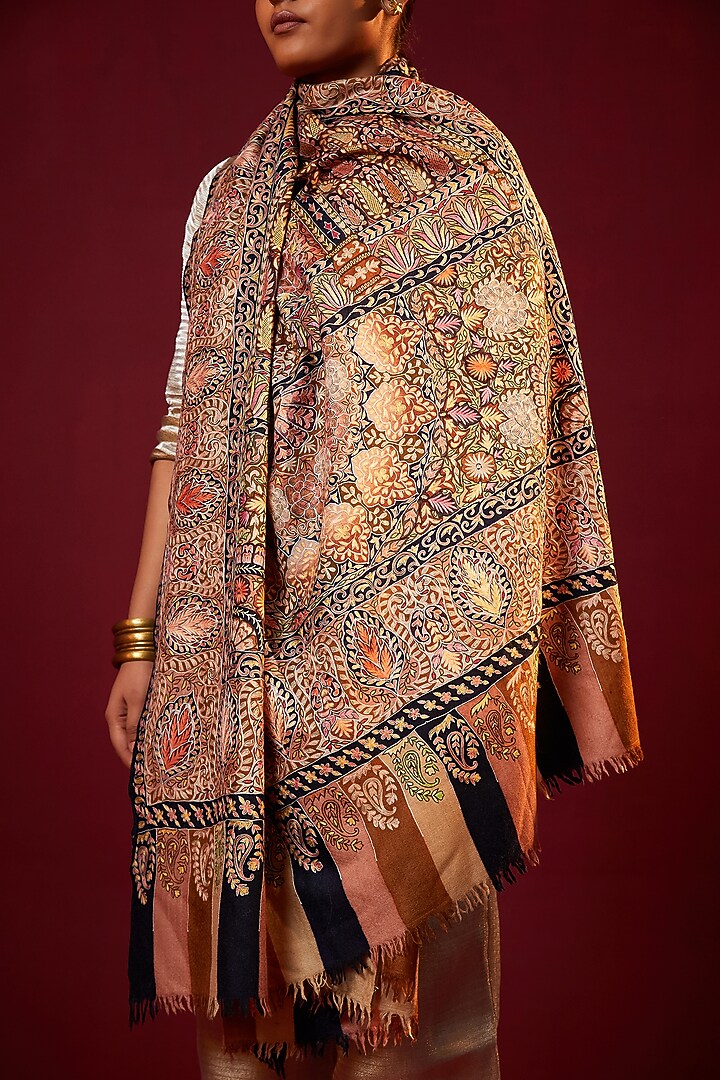 Multi-Colored Handloom Pashmina Kalamkari Hand Painted & Hand Embroidered Striped Shawl by Shaza at Pernia's Pop Up Shop