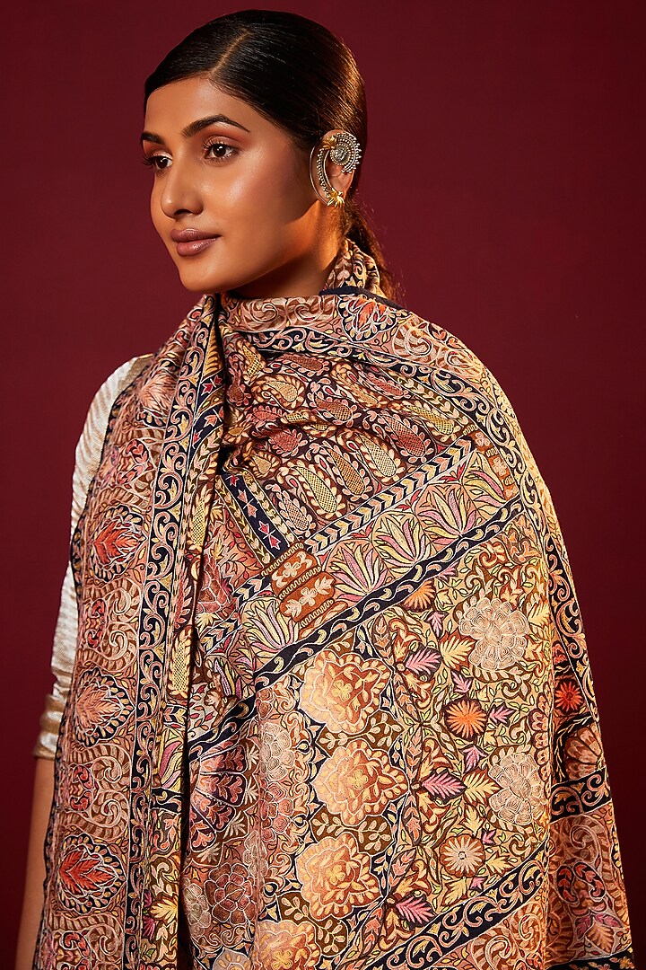 Multi-Colored Handloom Pashmina Kalamkari Hand Painted & Hand Embroidered Striped Shawl by Shaza at Pernia's Pop Up Shop
