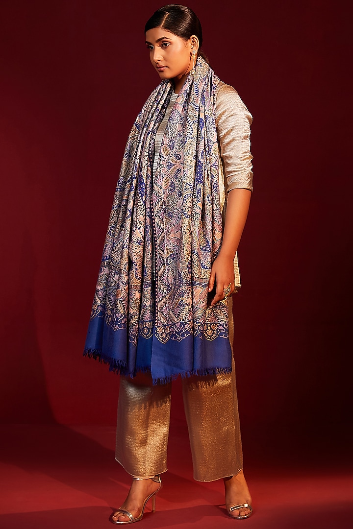 Multi-Colored Handloom Pashmina Kalamkari Hand Painted & Hand Embroidered Striped Shawl by Shaza at Pernia's Pop Up Shop