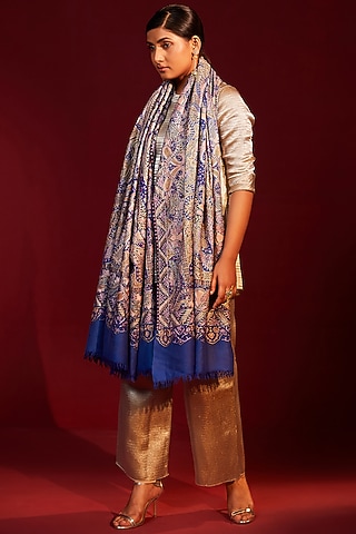 Multi-Colored Handloom Pashmina Kalamkari Hand Painted & Hand Embroidered Striped Shawl by Shaza