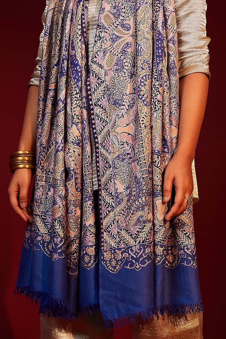Multi-Colored Handloom Pashmina Kalamkari Hand Painted & Hand Embroidered Striped Shawl by Shaza at Pernia's Pop Up Shop