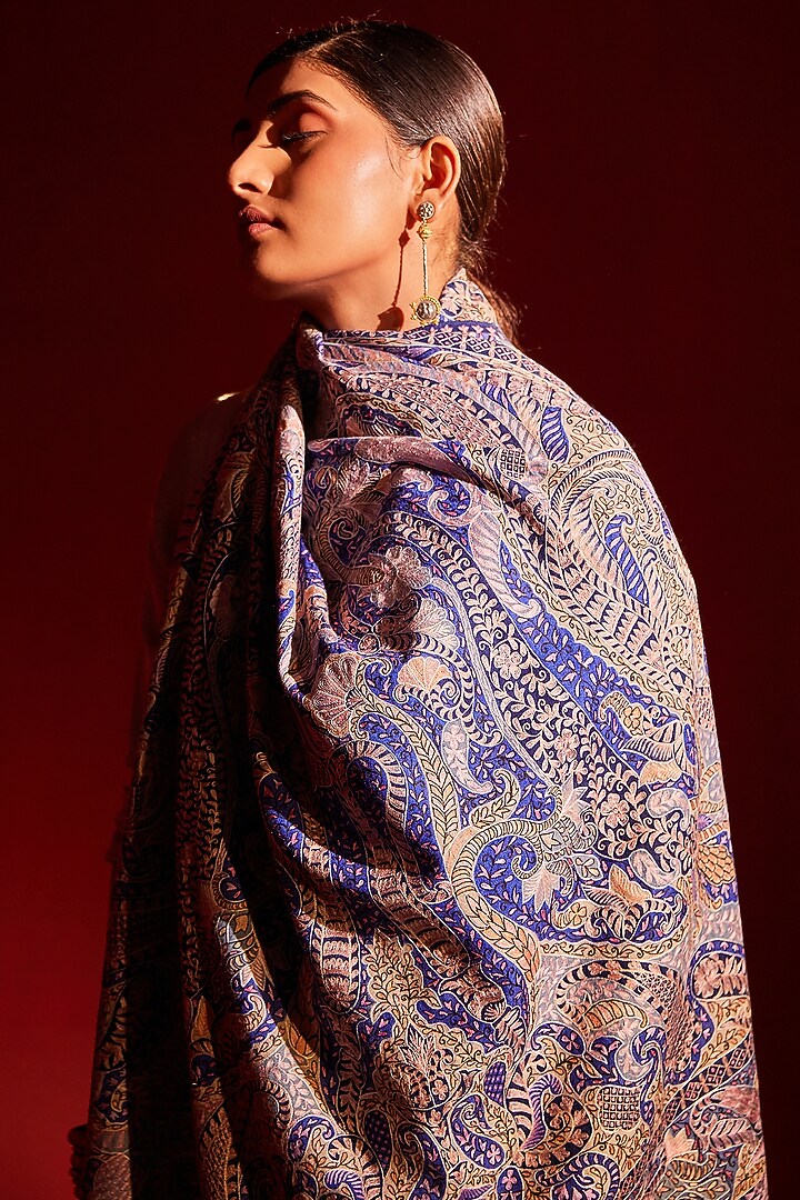 Multi-Colored Handloom Pashmina Kalamkari Hand Painted & Hand Embroidered Striped Shawl by Shaza at Pernia's Pop Up Shop
