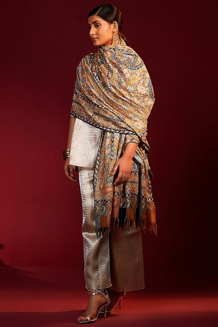 Multi-Colored Handloom Pashmina Kalamkari Hand Painted & Hand Embroidered Striped Shawl by Shaza at Pernia's Pop Up Shop