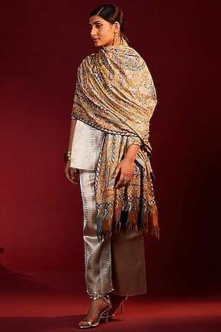 Multi-Colored Handloom Pashmina Kalamkari Hand Painted & Hand Embroidered Striped Shawl by Shaza