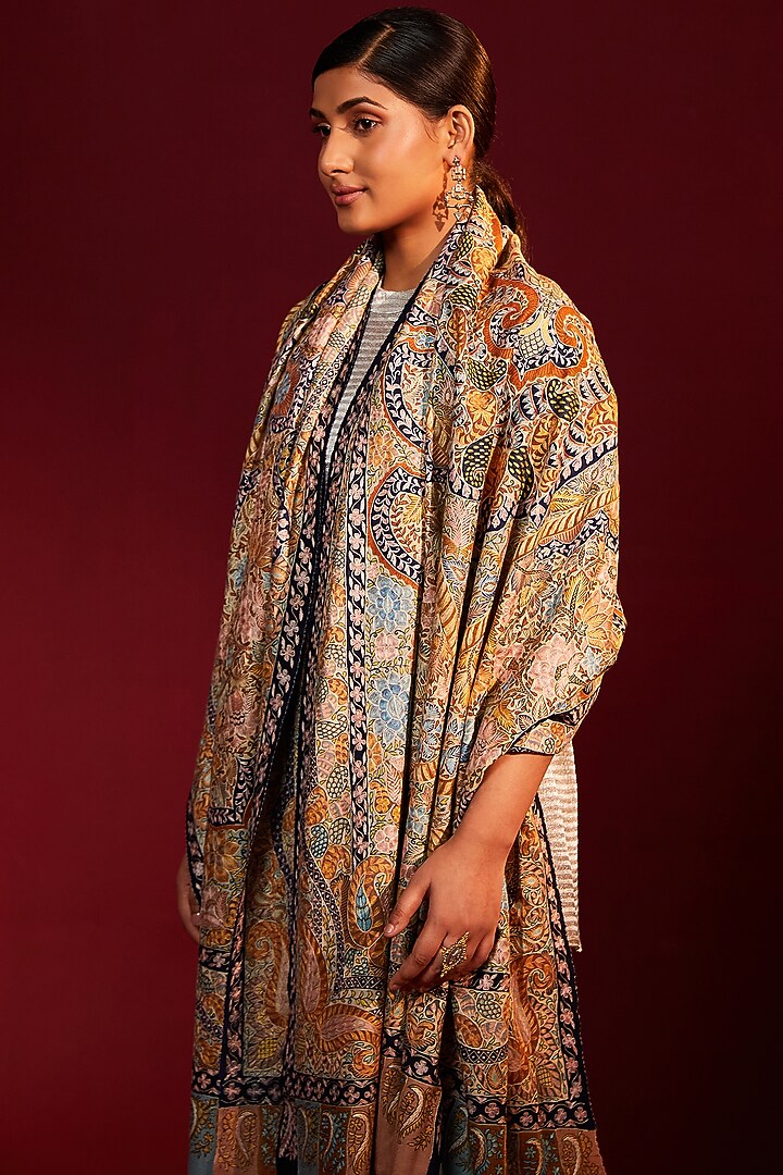 Multi-Colored Handloom Pashmina Kalamkari Hand Painted & Hand Embroidered Striped Shawl by Shaza at Pernia's Pop Up Shop