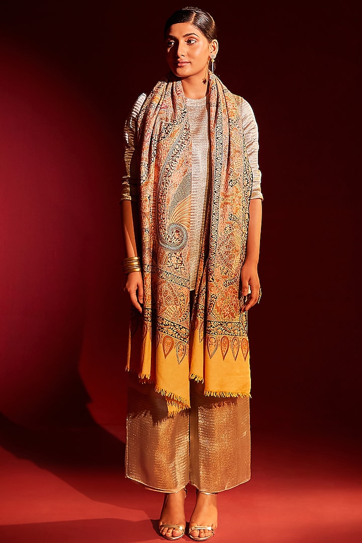 Multi-Colored Handloom Pashmina Kalamkari Hand Painted & Hand Embroidered Striped Shawl by Shaza at Pernia's Pop Up Shop