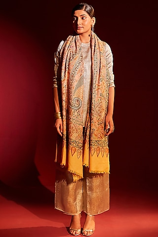 Multi-Colored Handloom Pashmina Kalamkari Hand Painted & Hand Embroidered Striped Shawl by Shaza