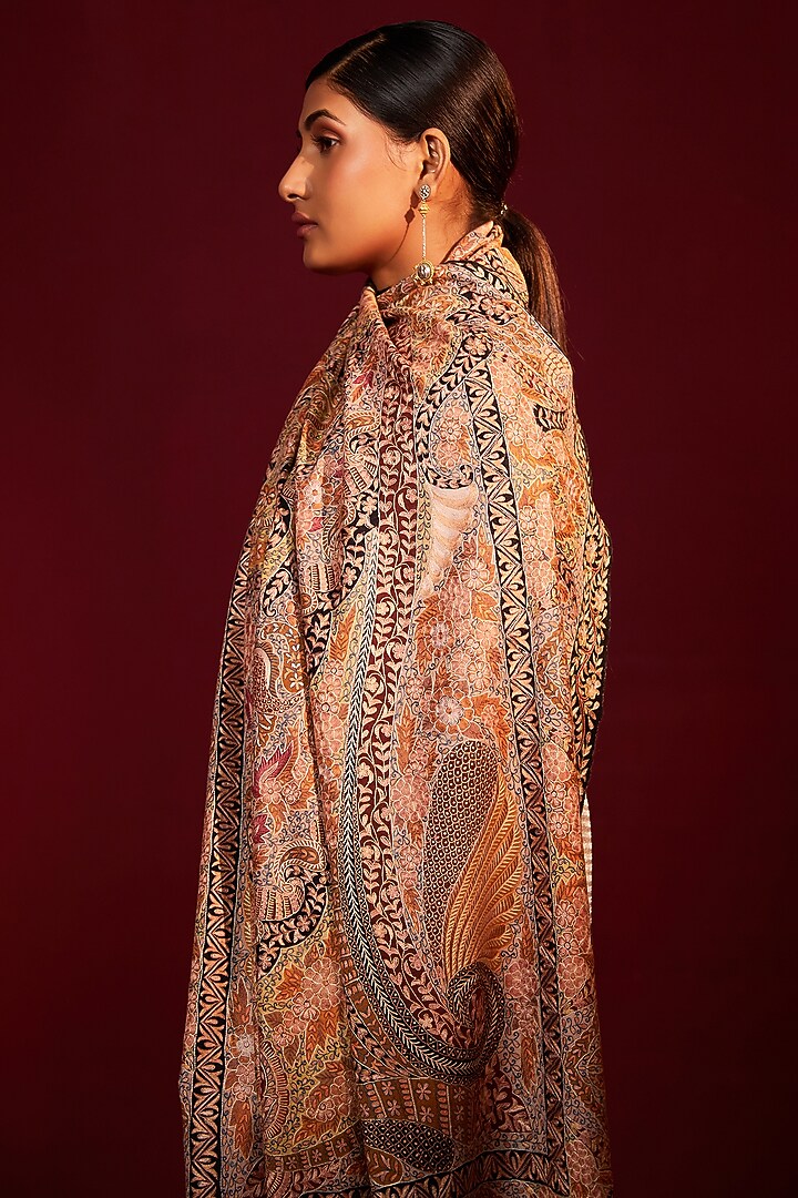 Multi-Colored Handloom Pashmina Kalamkari Hand Painted & Hand Embroidered Striped Shawl by Shaza at Pernia's Pop Up Shop