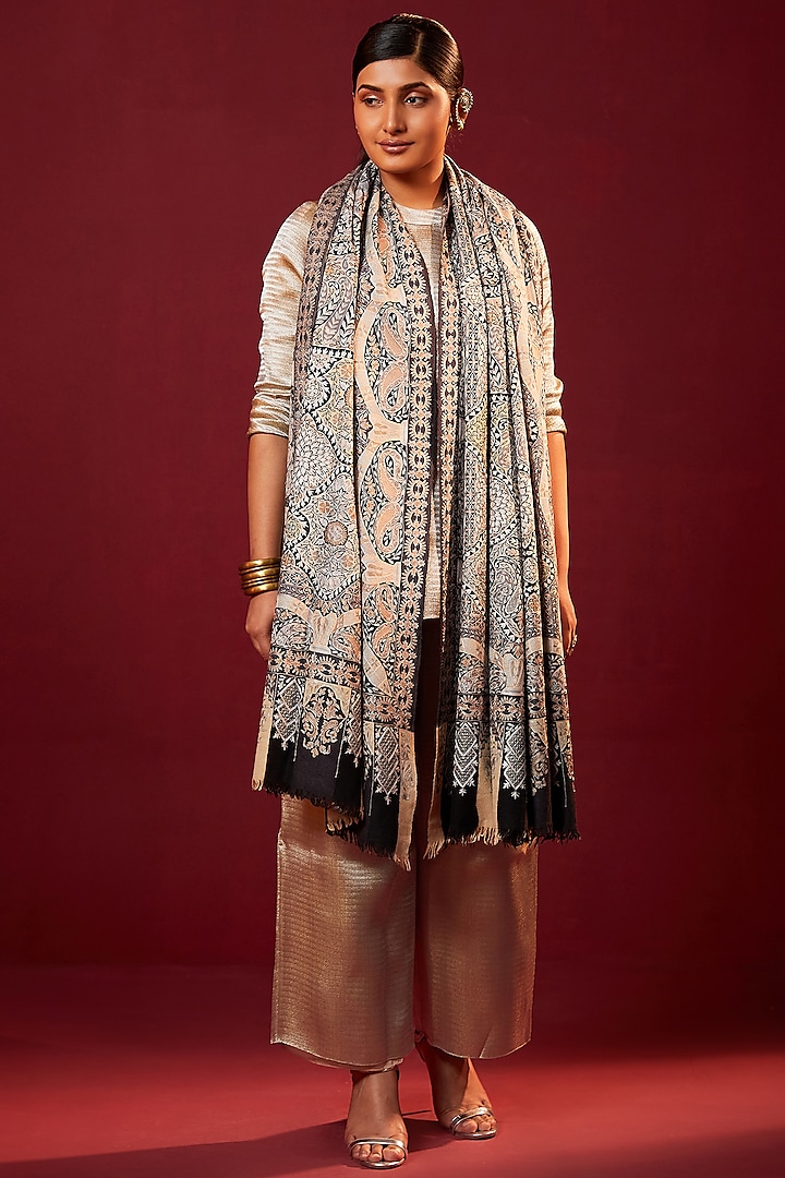 Multi-Colored Handloom Pashmina Kalamkari Hand Painted & Hand Embroidered Striped Shawl by Shaza at Pernia's Pop Up Shop