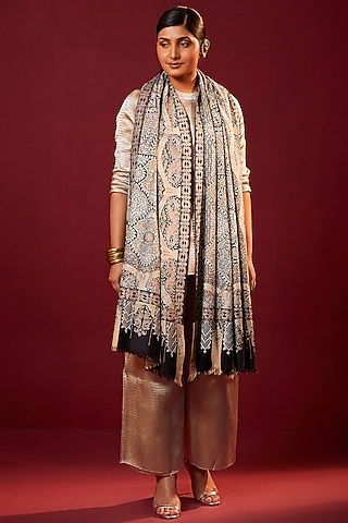 Multi-Colored Handloom Pashmina Kalamkari Hand Painted & Hand Embroidered Striped Shawl by Shaza