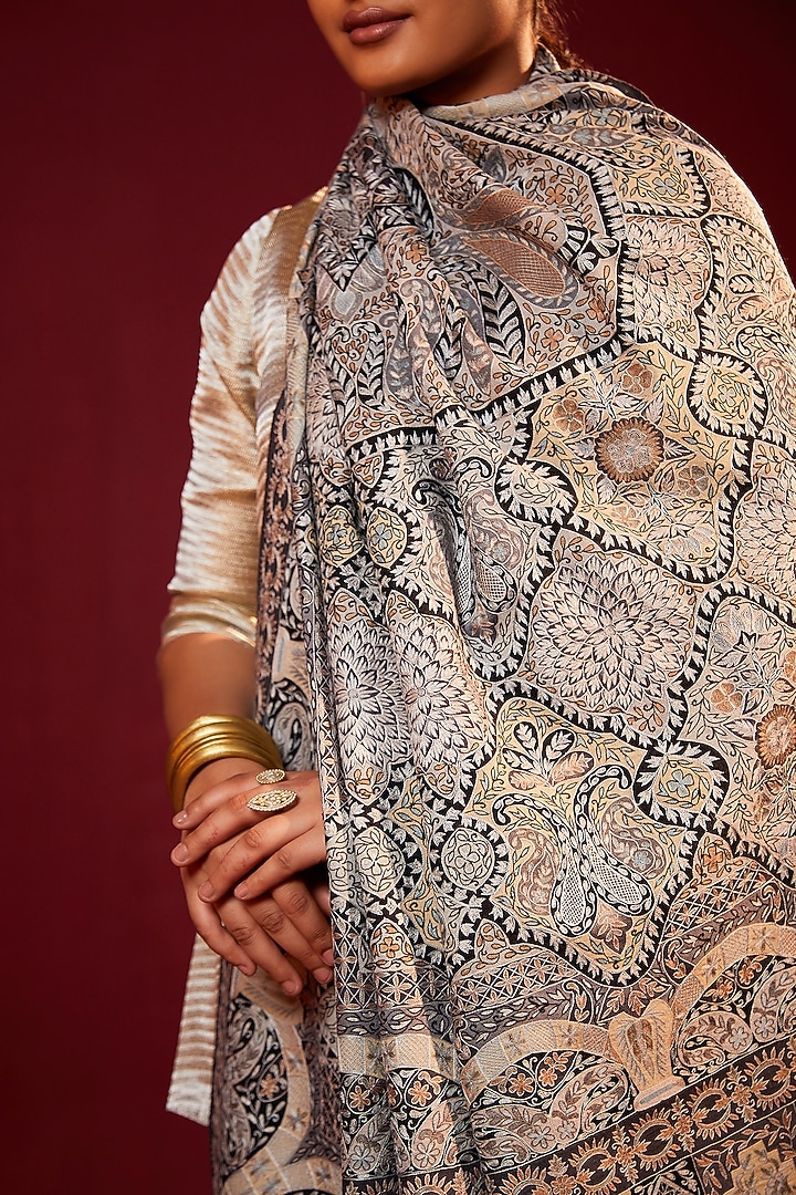 Multi-Colored Handloom Pashmina Kalamkari Hand Painted & Hand Embroidered Striped Shawl by Shaza at Pernia's Pop Up Shop