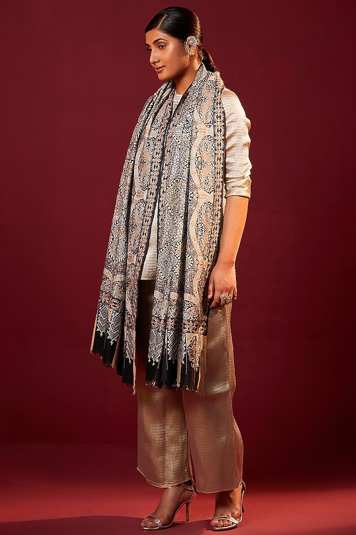 Multi-Colored Handloom Pashmina Kalamkari Hand Painted & Hand Embroidered Striped Shawl by Shaza at Pernia's Pop Up Shop