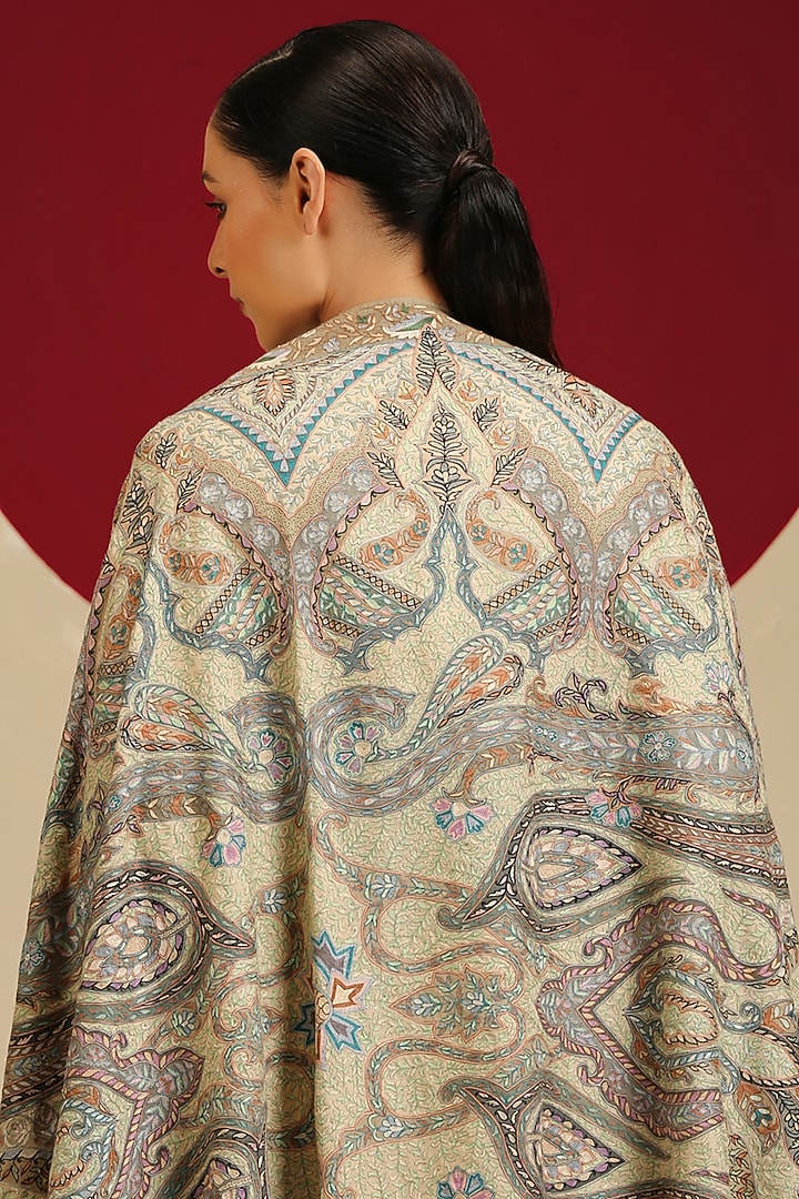 Multi-Colored Handloom Pashmina Kalamkari Hand Painted & Hand Embroidered Shawl by Shaza at Pernia's Pop Up Shop