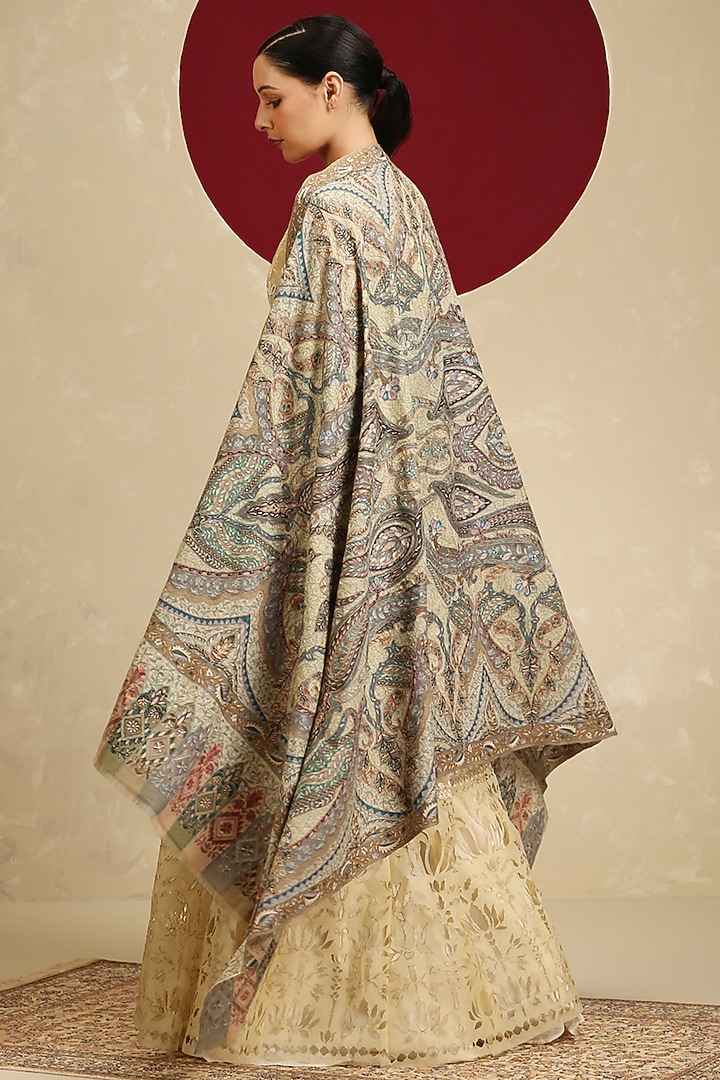 Multi-Colored Handloom Pashmina Kalamkari Hand Painted & Hand Embroidered Shawl by Shaza at Pernia's Pop Up Shop
