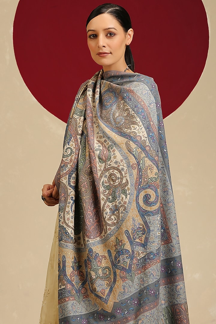 Multi-Colored Handloom Pashmina Kalamkari Hand Painted & Hand Embroidered Shawl by Shaza at Pernia's Pop Up Shop